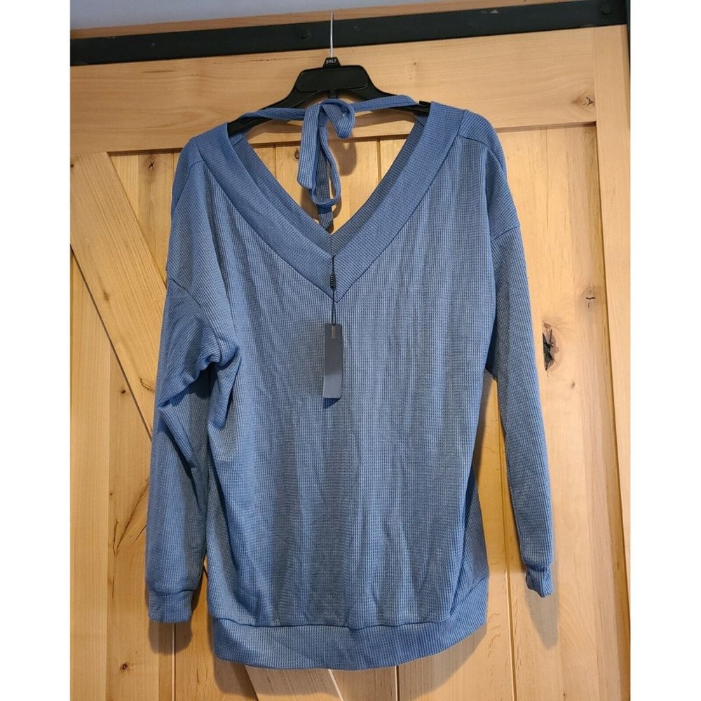 New! OUGES Womens Size L Long Sleeve V-Neck Button Causal Top Tie Neck Waffle